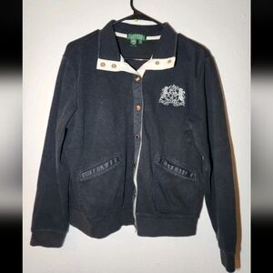 Lauren Ralph Lauren Size L Black Knit Sweater Cardigan Gold Embroidered Logo